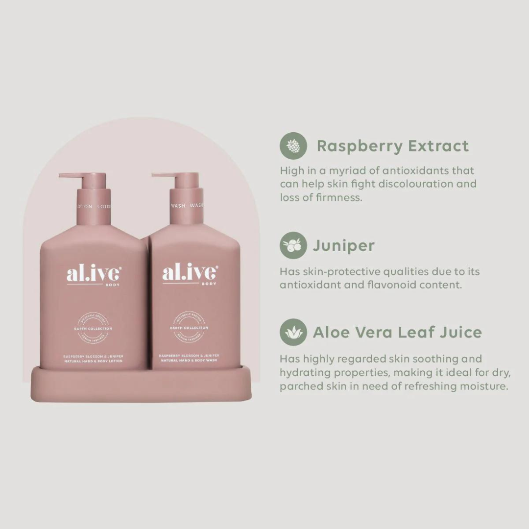 Alive Body- Wash & Lotion Duo + Tray - Raspberry Blossom & Juniper